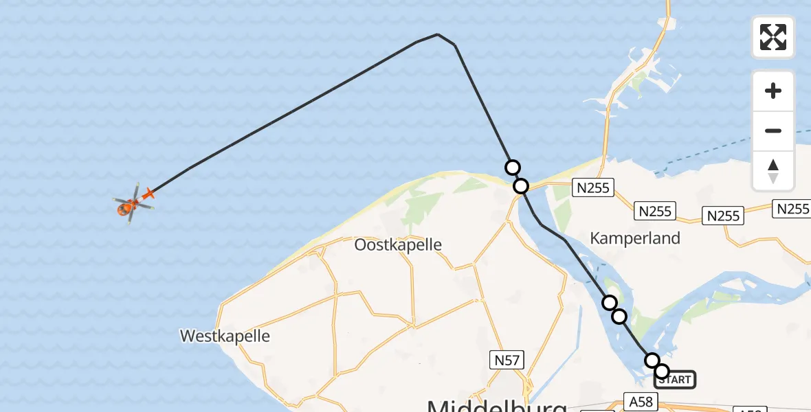 Vluchtroute Kustwachthelikopter Vliegveld Midden-Zeeland - Noordzee, 03 juli 2026, 14:08