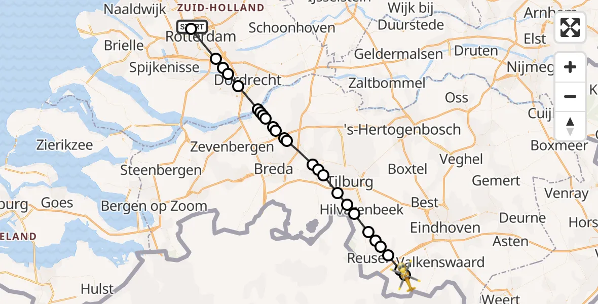 Vluchtroute Traumahelikopter Rotterdam The Hague Airport - Bergeijk, 03 juli 2026, 15:03