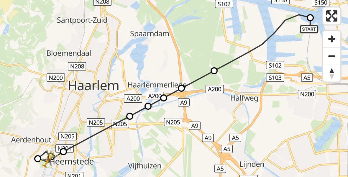 Vluchtroute Traumahelikopter Amsterdam Heliport - Heemstede, 03 juli 2026, 17:05