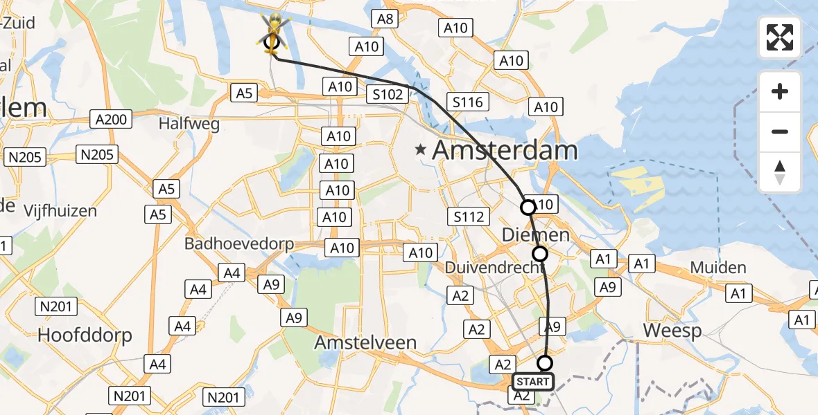 Vluchtroute Traumahelikopter Amsterdam UMC Helipad - Amsterdam Heliport, 03 juli 2026, 18:37