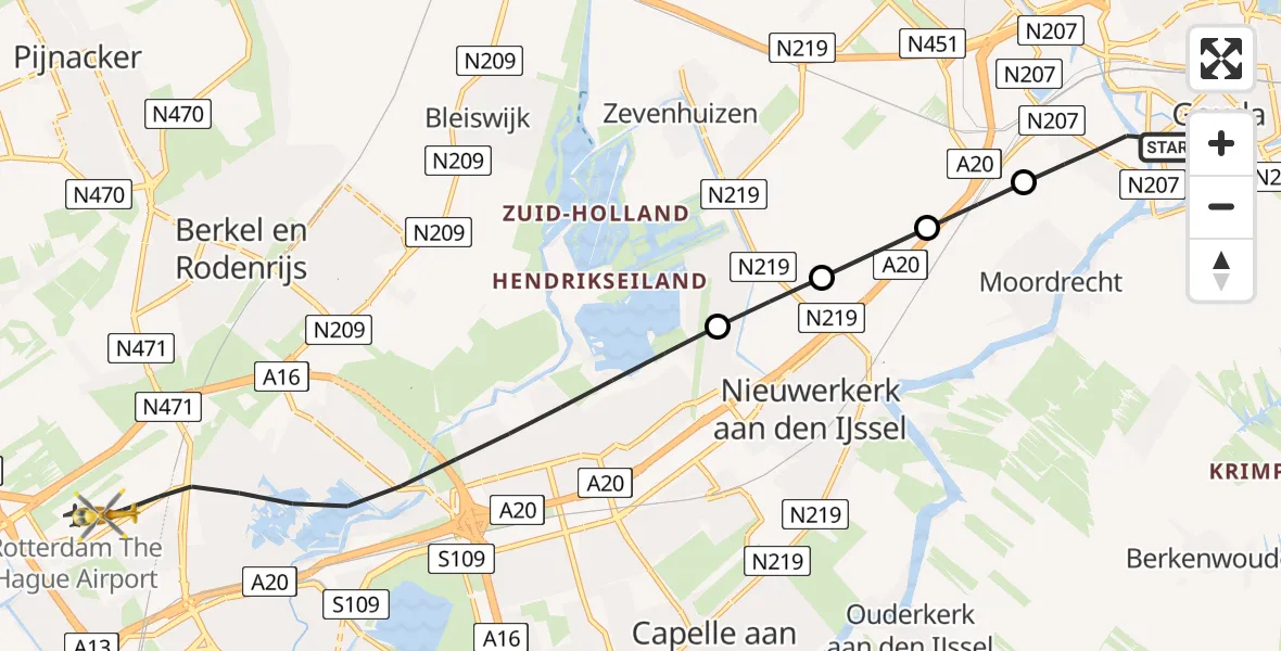 Vluchtroute Traumahelikopter Gouda - Rotterdam The Hague Airport, 03 juli 2026, 19:02
