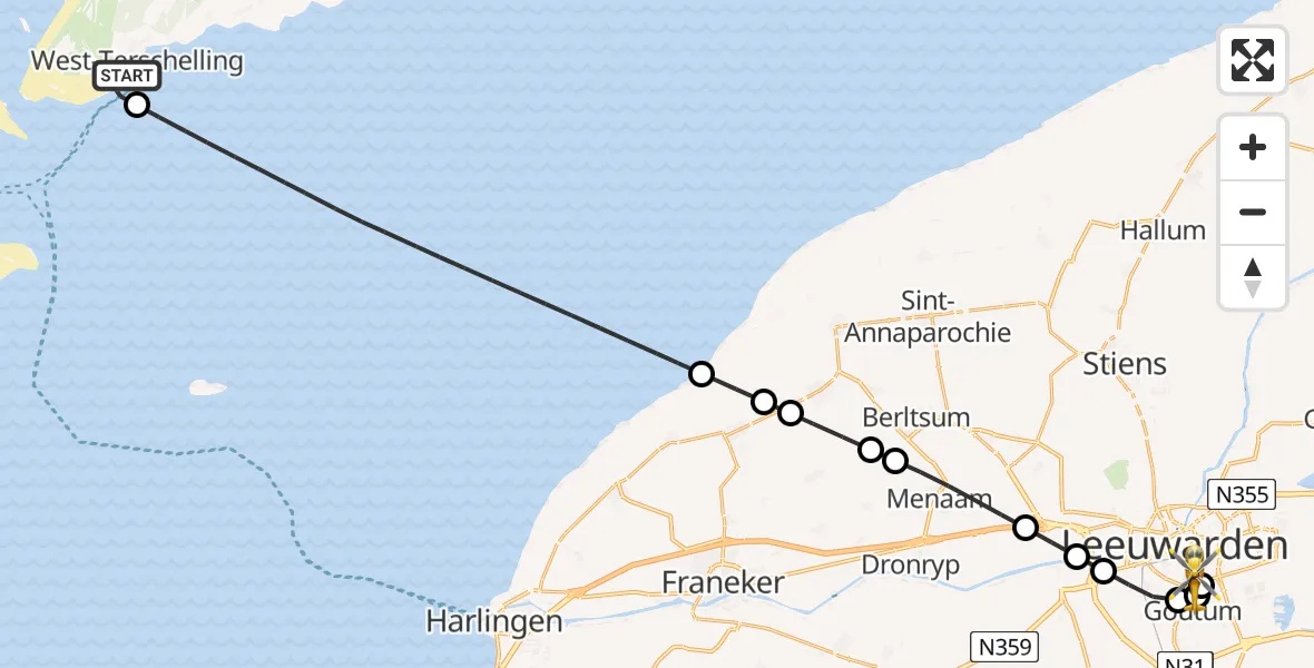 Vluchtroute Ambulancehelikopter West-Terschelling - Leeuwarden Medical Center Heliport, 03 juli 2026, 19:44