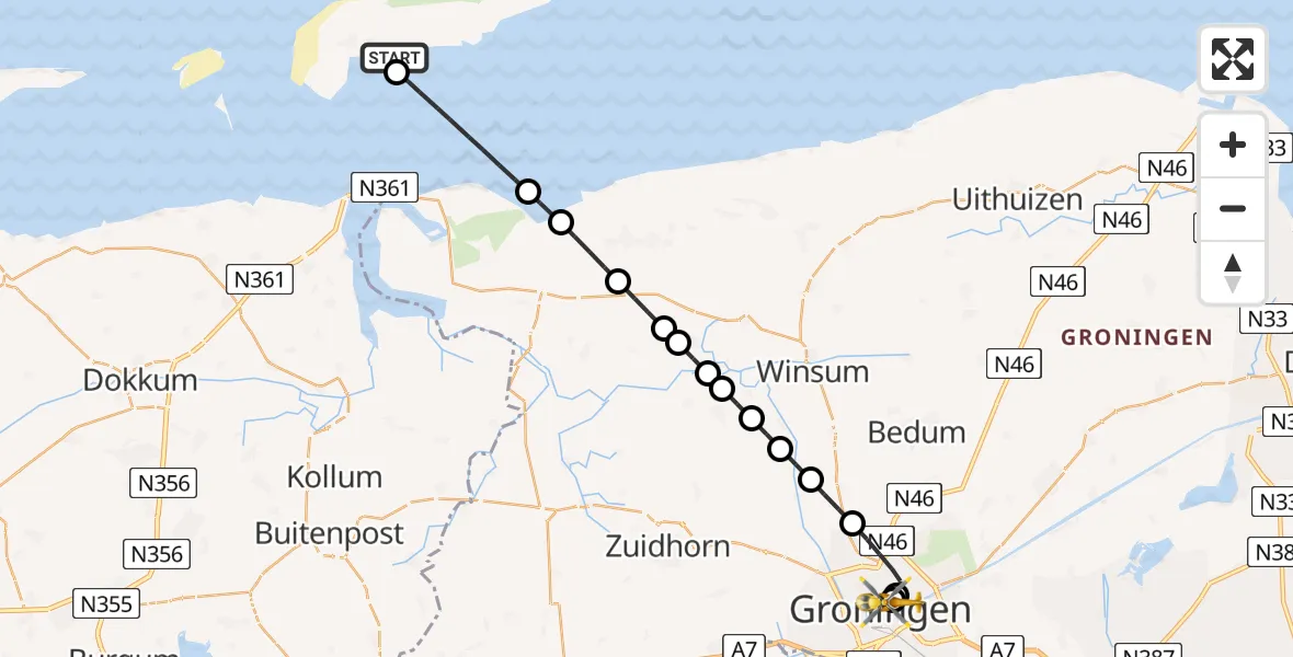 Vluchtroute Ambulancehelikopter Schiermonnikoog Heliport - Universitair Medisch Centrum Groningen, 03 juli 2026, 20:49