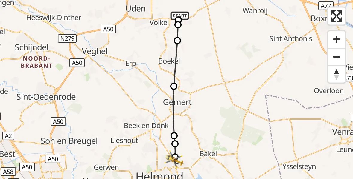 Vluchtroute Traumahelikopter Vliegbasis Volkel - Helmond, 03 juli 2026, 21:16