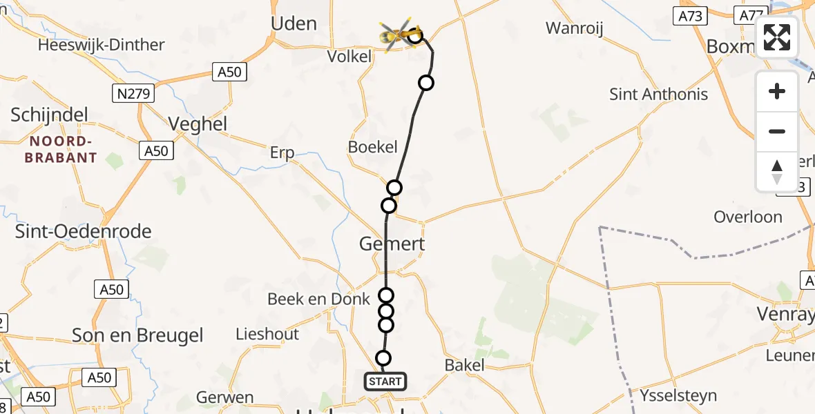 Vluchtroute Traumahelikopter Helmond - Vliegbasis Volkel, 03 juli 2026, 21:50