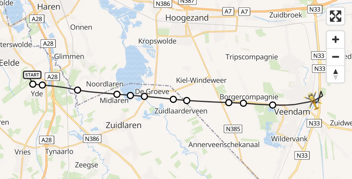 Vluchtroute Traumahelikopter Groningen Airport Eelde - Veendam, 03 juli 2026, 22:45
