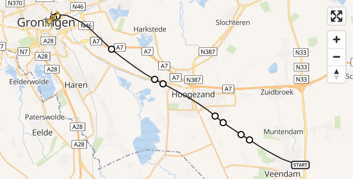Vluchtroute Traumahelikopter Veendam - Universitair Medisch Centrum Groningen, 03 juli 2026, 23:49