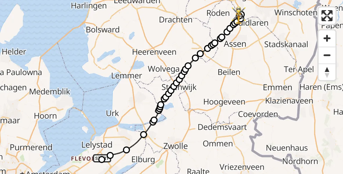 Vluchtroute Traumahelikopter Lelystad Airport - Groningen Airport Eelde, 04 juli 2026, 04:51