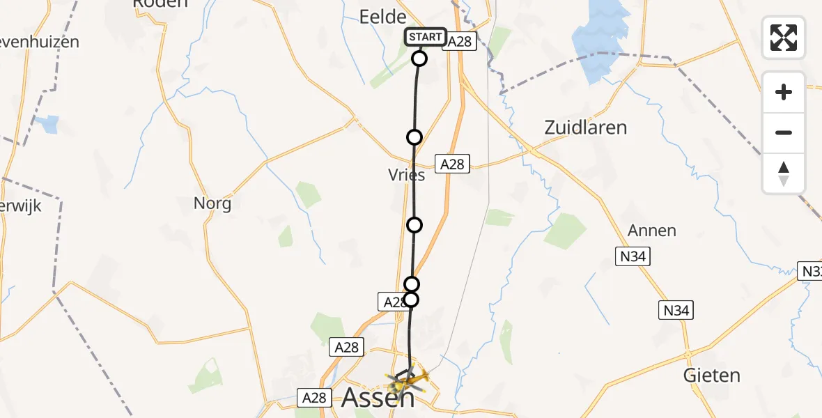 Vluchtroute Traumahelikopter Groningen Airport Eelde - Assen, 04 juli 2026, 06:50