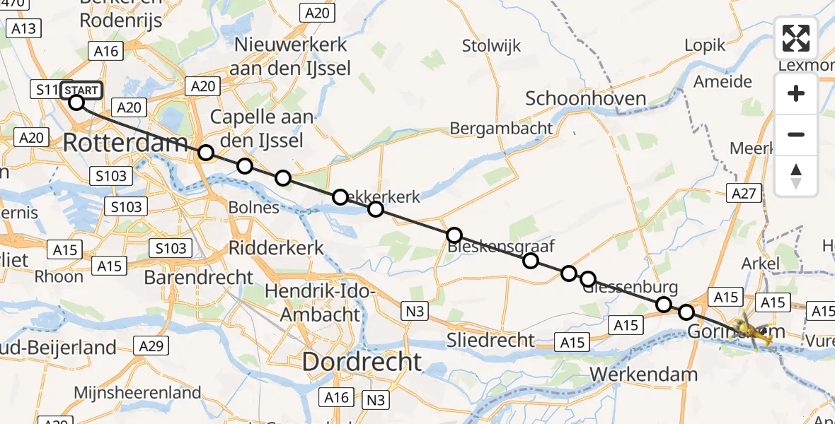 Vluchtroute Traumahelikopter Rotterdam The Hague Airport - Gorinchem, 04 juli 2026, 07:41