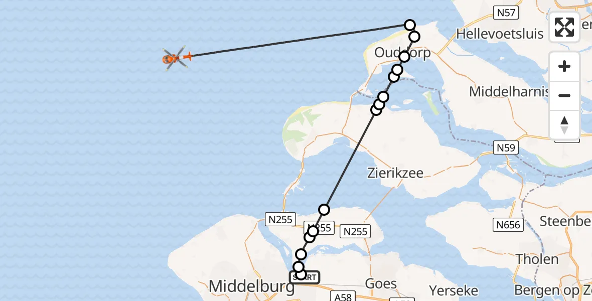 Vluchtroute Kustwachthelikopter Vliegveld Midden-Zeeland - Noordzee, 04 juli 2026, 07:59