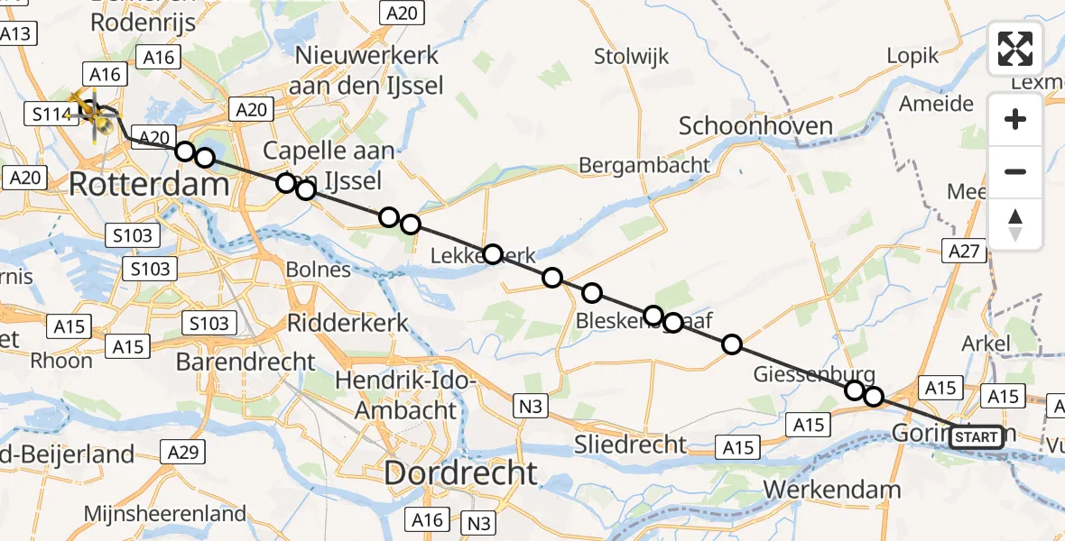 Vluchtroute Traumahelikopter Gorinchem - Rotterdam The Hague Airport, 04 juli 2026, 08:25