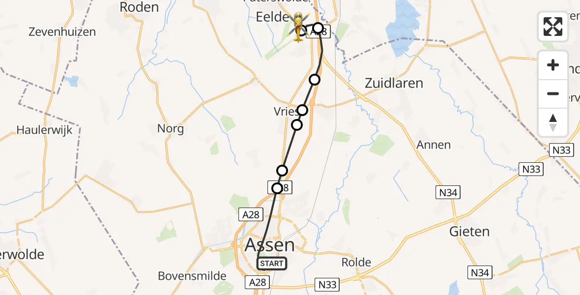 Vluchtroute Traumahelikopter Assen - Groningen Airport Eelde, 04 juli 2026, 08:26