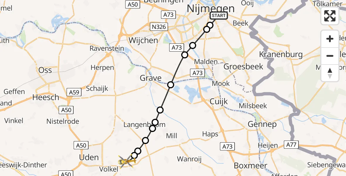 Vluchtroute Traumahelikopter Nijmegen - Vliegbasis Volkel, 04 juli 2026, 09:04