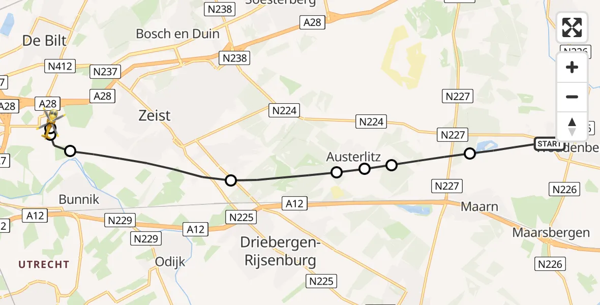 Vluchtroute Traumahelikopter Woudenberg - Universitair Medisch Centrum Utrecht, 04 juli 2026, 10:02