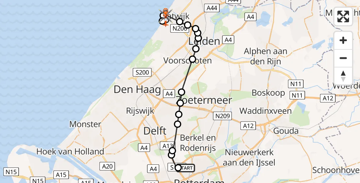 Vluchtroute Kustwachthelikopter Rotterdam The Hague Airport - Katwijk, 04 juli 2026, 10:09