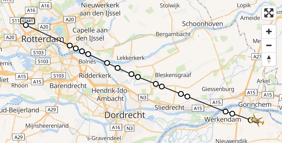 Vluchtroute Traumahelikopter Rotterdam The Hague Airport - Woudrichem, 04 juli 2026, 11:02