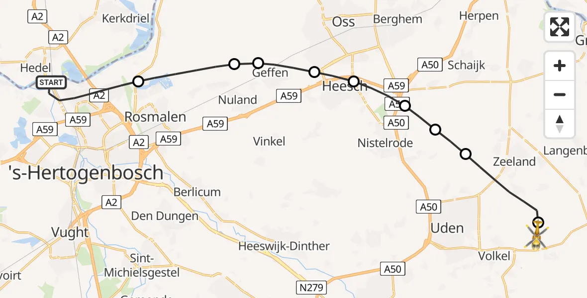 Vluchtroute Traumahelikopter 's-Hertogenbosch - Vliegbasis Volkel, 04 juli 2026, 11:09
