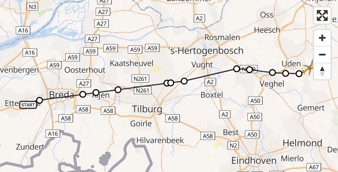Vluchtroute Traumahelikopter Etten-Leur - Volkel, 04 juli 2026, 14:04