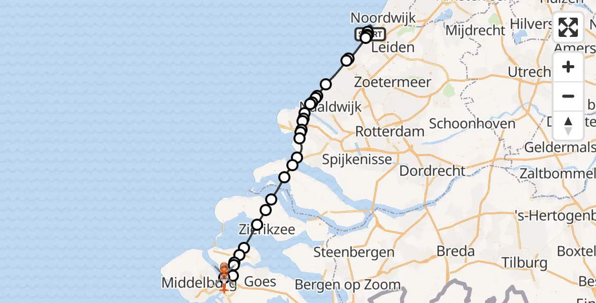 Vluchtroute Kustwachthelikopter Katwijk - Vliegveld Midden-Zeeland, 04 juli 2026, 14:22