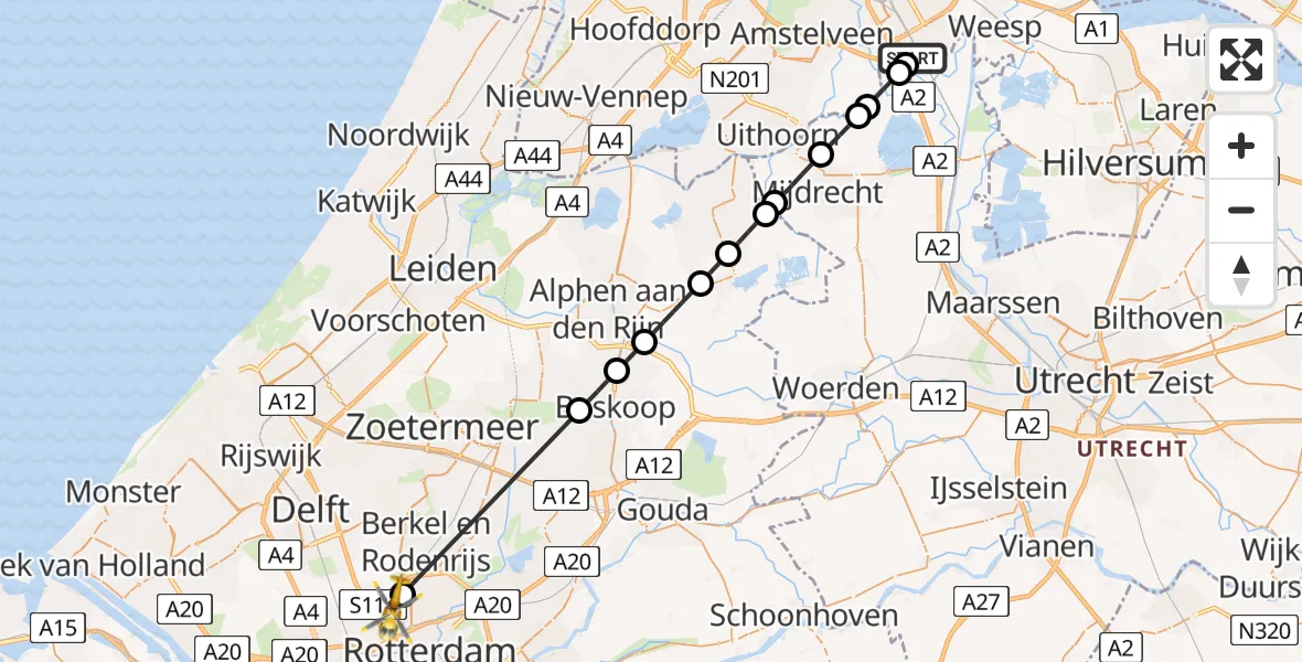 Vluchtroute Traumahelikopter Amsterdam UMC Helipad - Rotterdam The Hague Airport, 04 juli 2026, 16:01