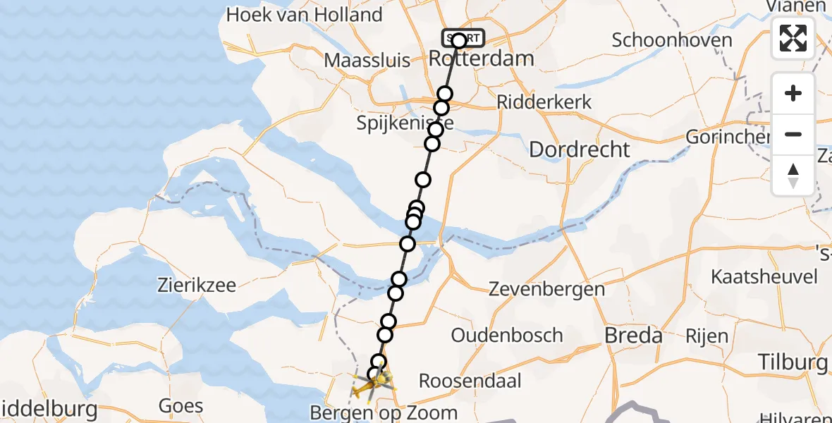 Vluchtroute Traumahelikopter Rotterdam The Hague Airport - Halsteren, 04 juli 2026, 20:14