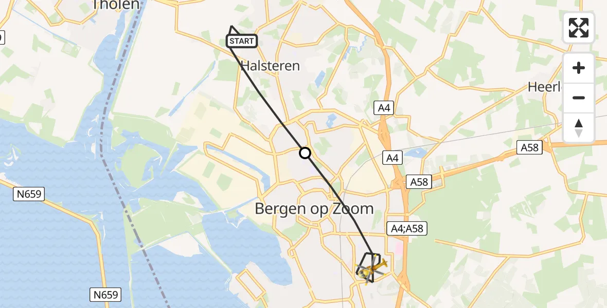 Vluchtroute Traumahelikopter Halsteren - Bergen op Zoom, 04 juli 2026, 21:00