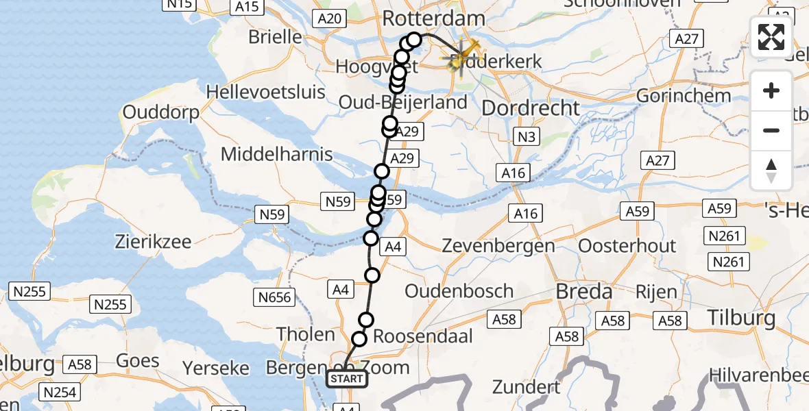 Vluchtroute Traumahelikopter Bergen op Zoom - Rotterdam, 04 juli 2026, 21:26
