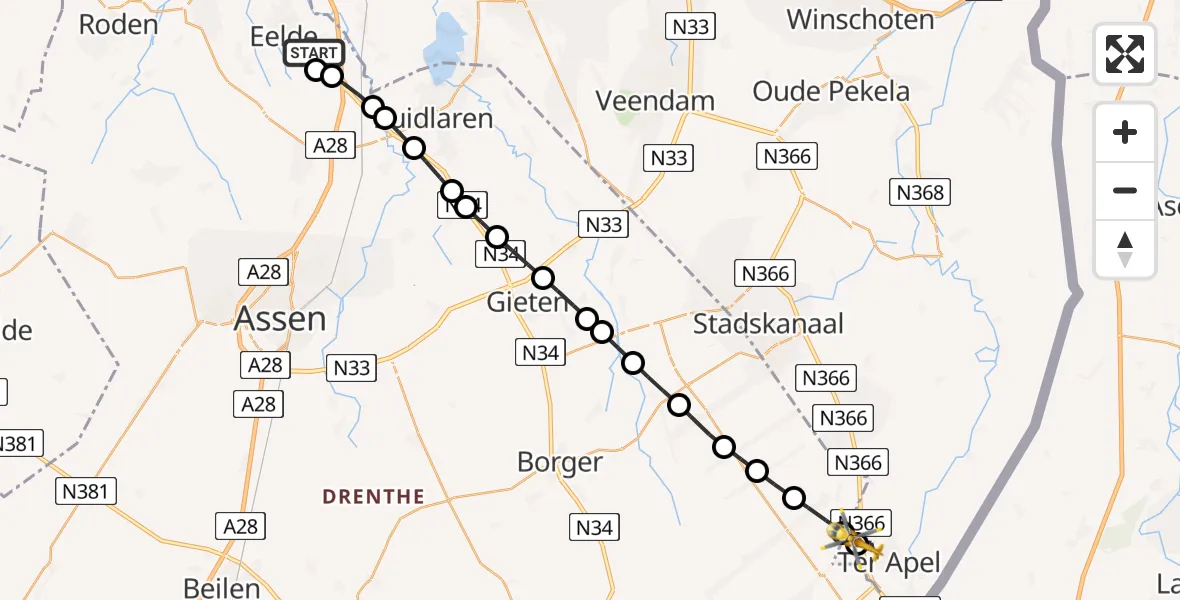 Vluchtroute Traumahelikopter Groningen Airport Eelde - Ter Apel, 04 juli 2026, 21:44