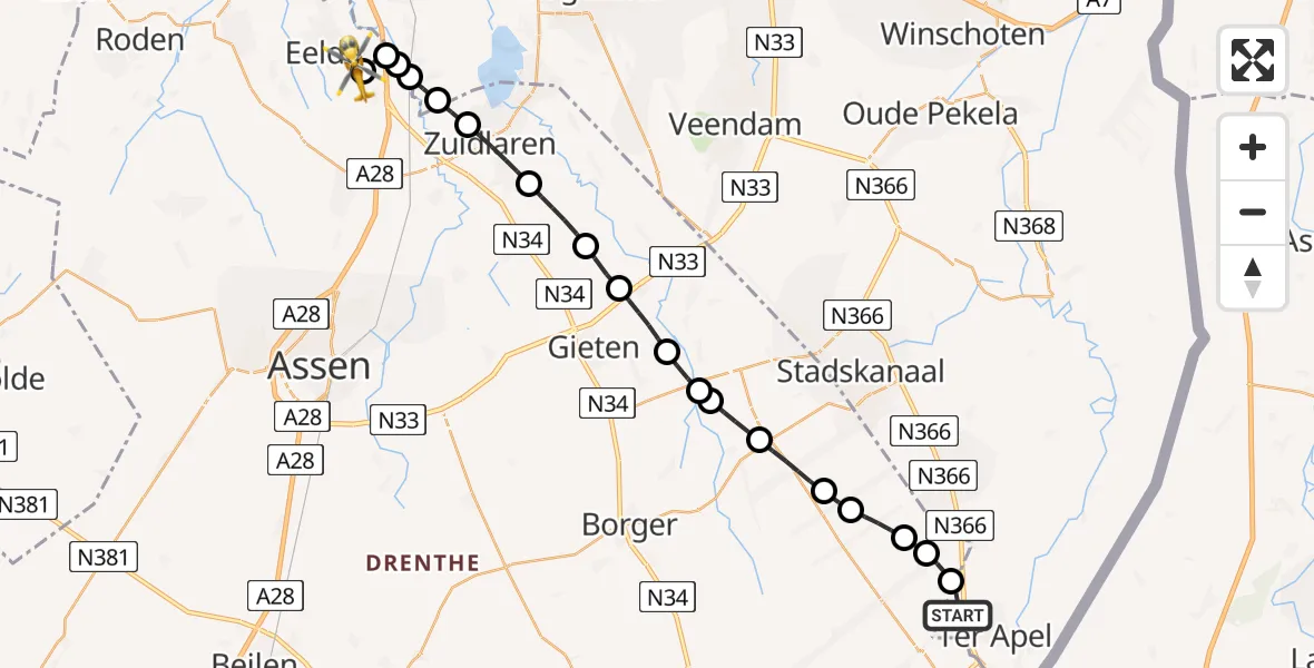Vluchtroute Traumahelikopter Ter Apel - Groningen Airport Eelde, 04 juli 2026, 22:18