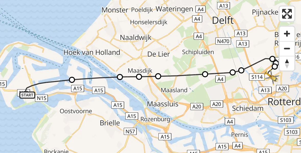 Vluchtroute Traumahelikopter Maasvlakte Rotterdam - Rotterdam The Hague Airport, 04 juli 2026, 22:42