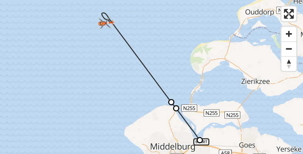Vluchtroute Kustwachthelikopter Vliegveld Midden-Zeeland - Noordzee, 04 juli 2026, 22:54