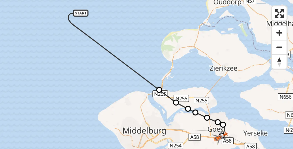 Vluchtroute Kustwachthelikopter Noordzee - Admiral De Ruyter Hospital Heliport, 04 juli 2026, 23:12