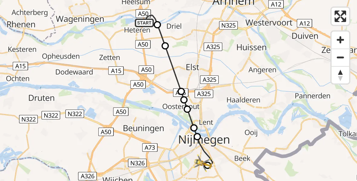 Vluchtroute Traumahelikopter Doorwerth - Radboud University Medical Center Heliport, 04 juli 2026, 23:21