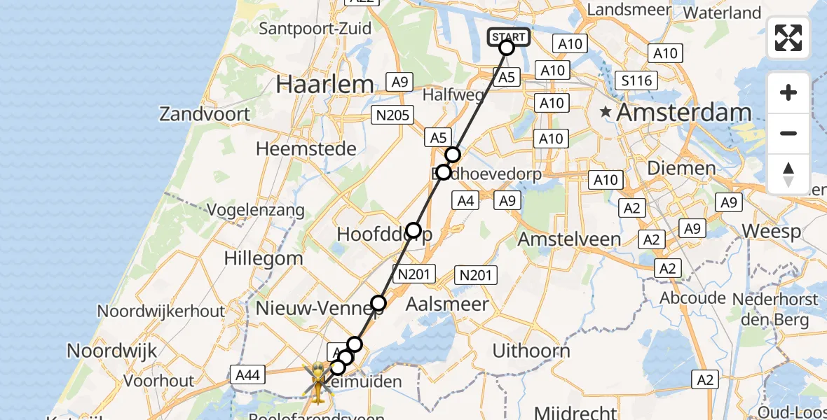 Vluchtroute Traumahelikopter Amsterdam Heliport - Weteringbrug, 04 juli 2026, 23:31