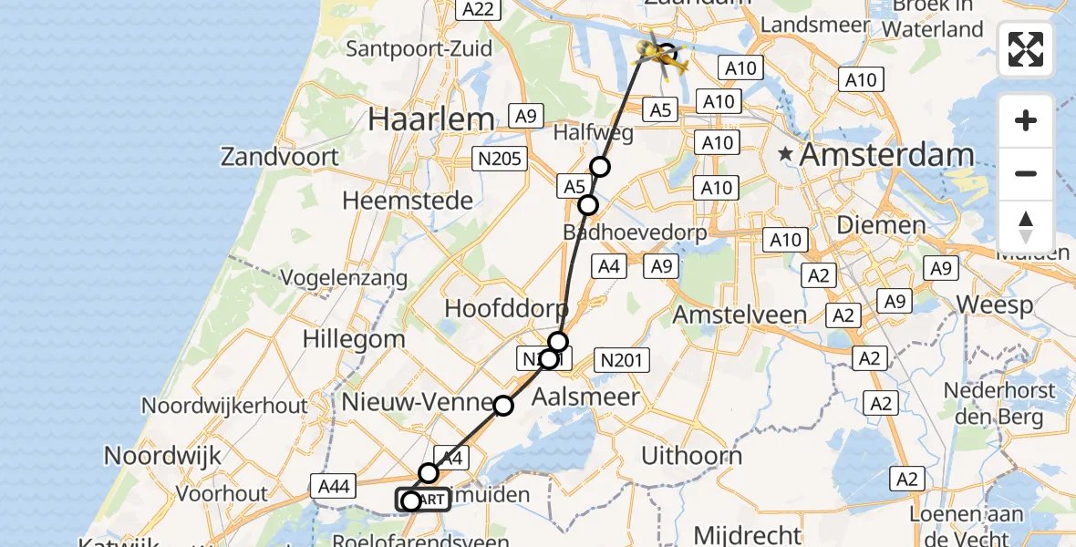 Vluchtroute Traumahelikopter Weteringbrug - Amsterdam Heliport, 05 juli 2026, 00:10