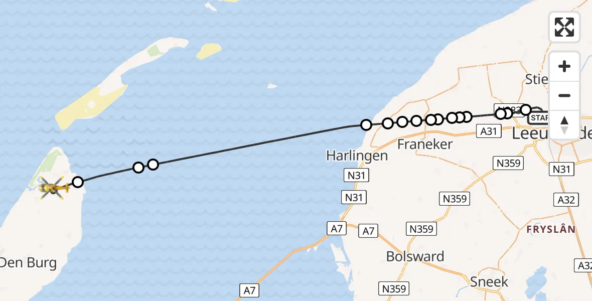 Vluchtroute Ambulancehelikopter Vliegbasis Leeuwarden - De Cocksdorp, 05 juli 2026, 04:50