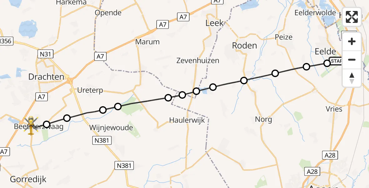 Vluchtroute Traumahelikopter Groningen Airport Eelde - Beetsterzwaag, 05 juli 2026, 07:57