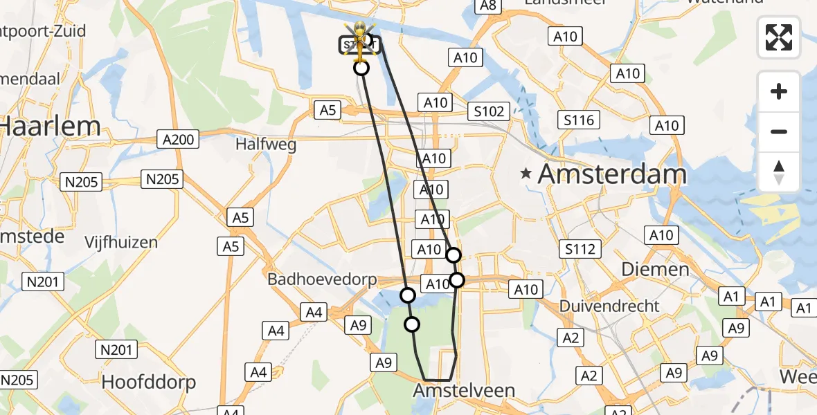 Vluchtroute Traumahelikopter Amsterdam Heliport - Amsterdam Heliport, 05 juli 2026, 08:39