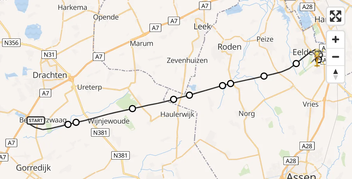 Vluchtroute Traumahelikopter Beetsterzwaag - Groningen Airport Eelde, 05 juli 2026, 08:49