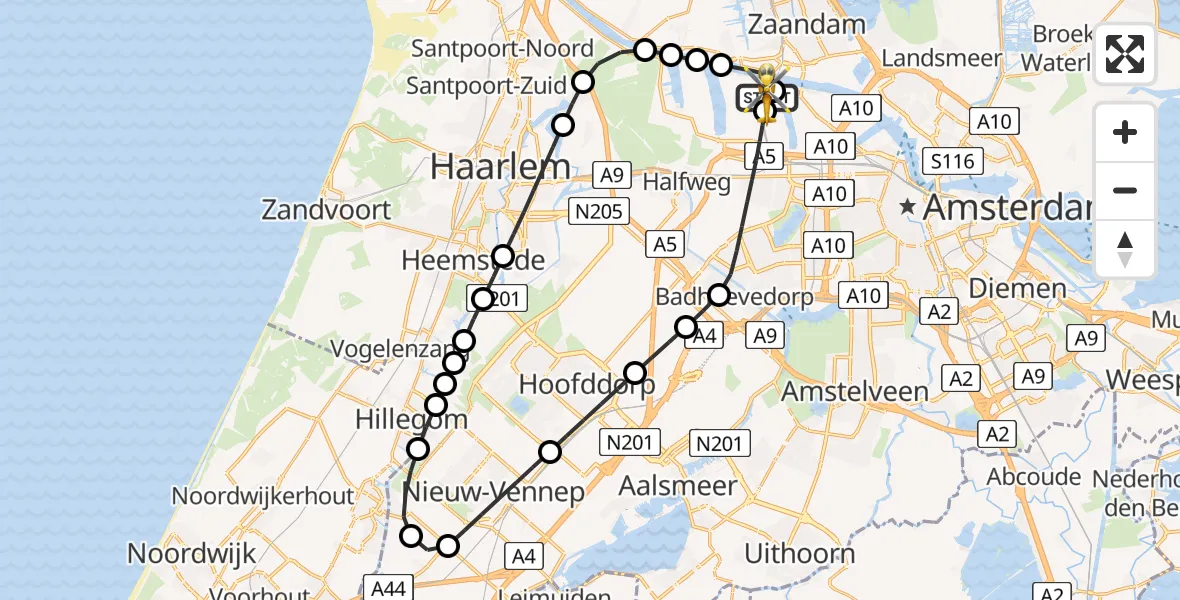 Vluchtroute Traumahelikopter Amsterdam Heliport - Amsterdam Heliport, 05 juli 2026, 09:00