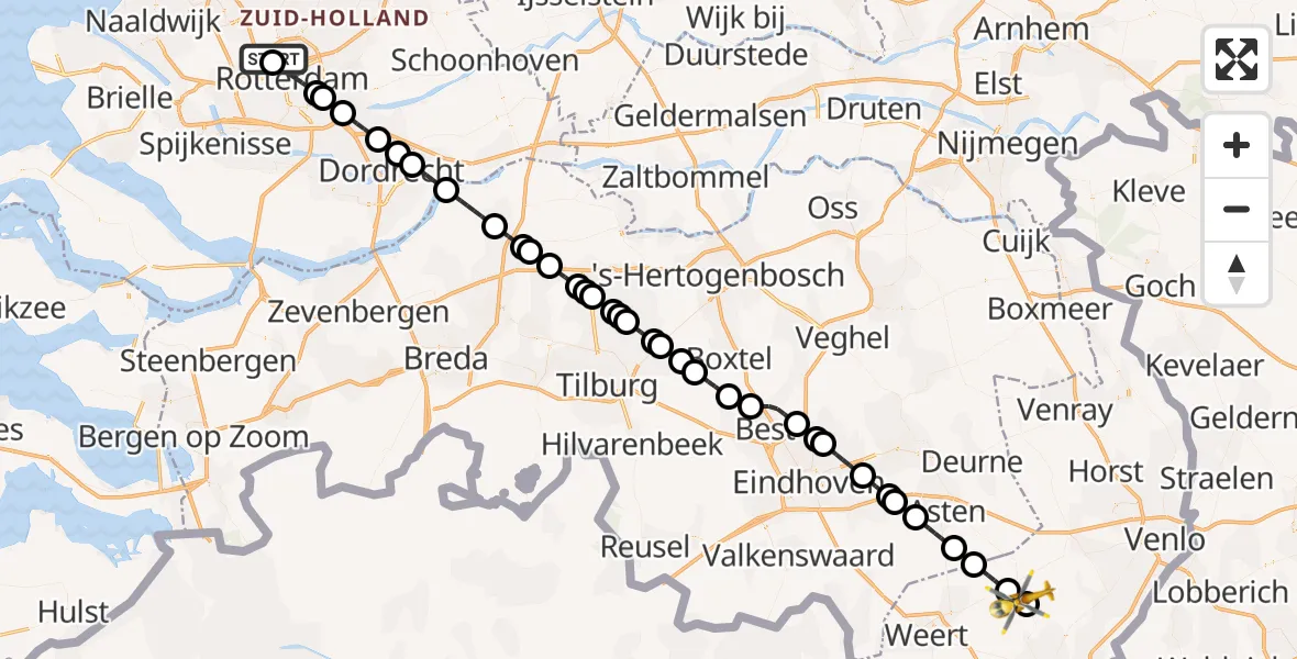 Vluchtroute Traumahelikopter Rotterdam The Hague Airport - Heibloem, 05 juli 2026, 12:46