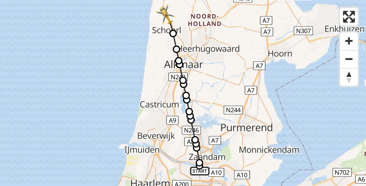 Vluchtroute Traumahelikopter Amsterdam Heliport - Schoorl, 05 juli 2026, 13:30