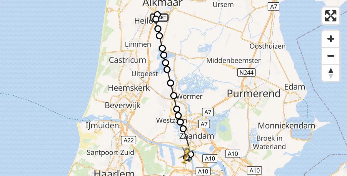 Vluchtroute Traumahelikopter Alkmaar - Amsterdam Heliport, 05 juli 2026, 14:09