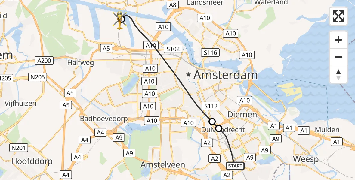 Vluchtroute Traumahelikopter Amsterdam - Amsterdam Heliport, 06 juli 2026, 05:26