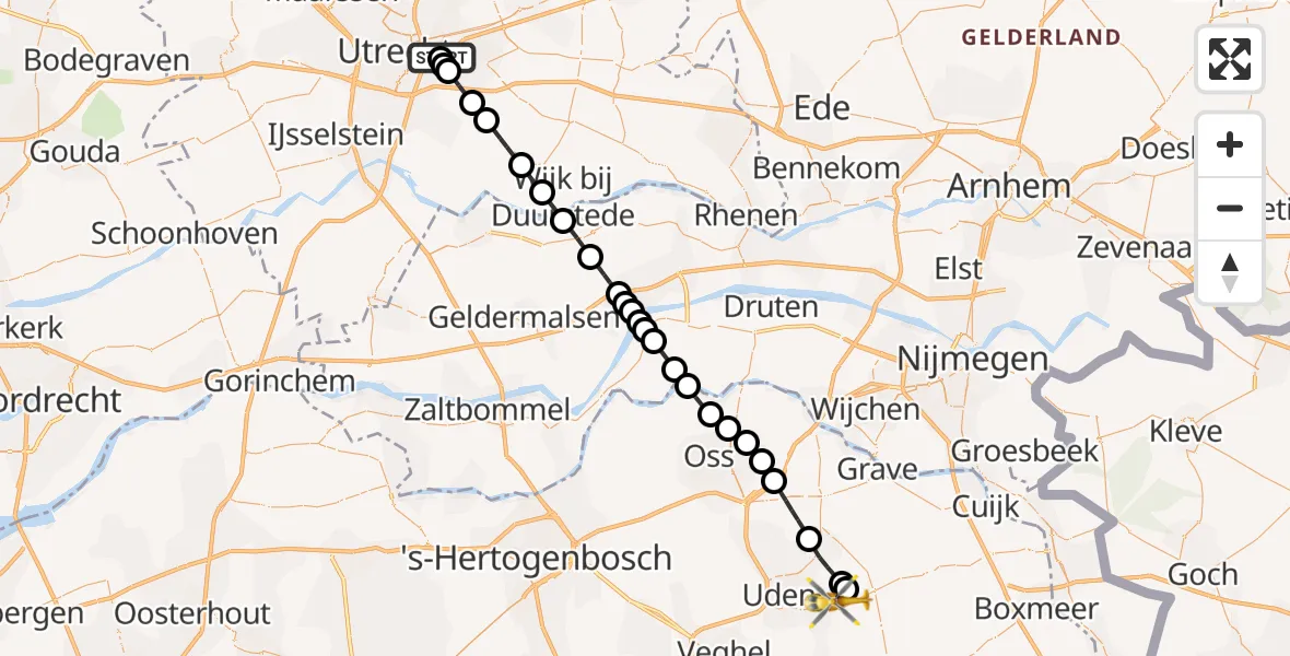 Vluchtroute Traumahelikopter Universitair Medisch Centrum Utrecht - Vliegbasis Volkel, 06 juli 2026, 06:23