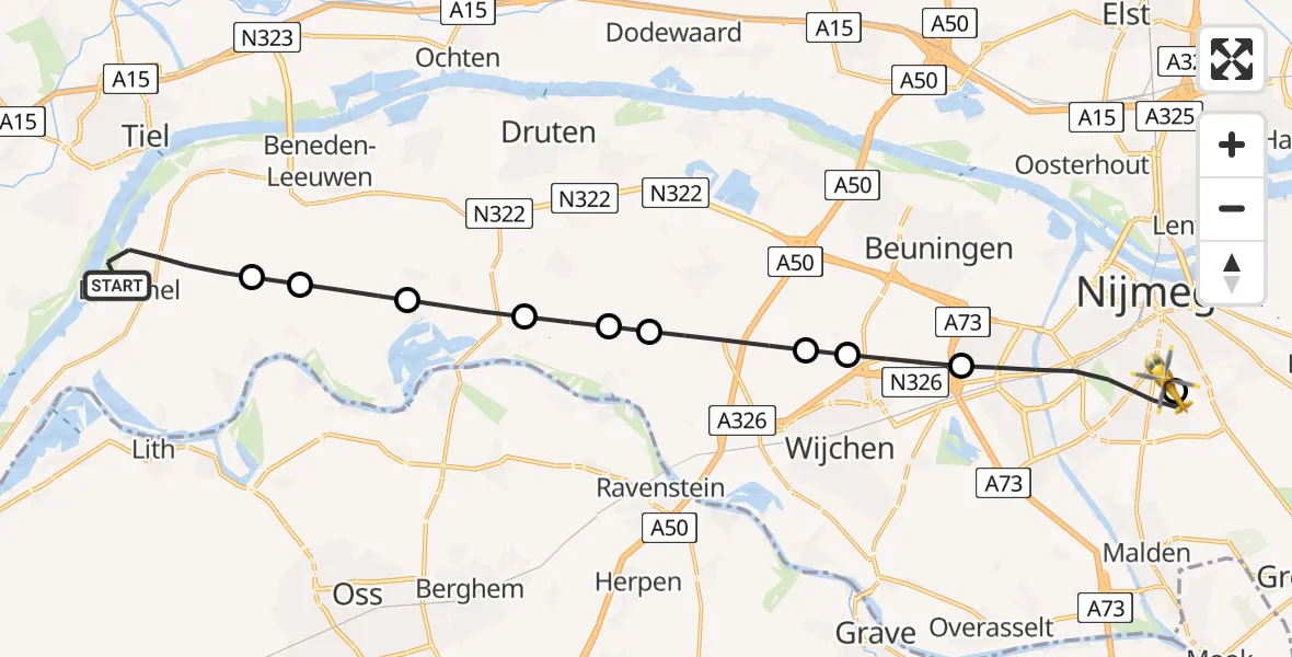 Vluchtroute Traumahelikopter Dreumel - Radboud University Medical Center Heliport, 06 juli 2026, 06:32