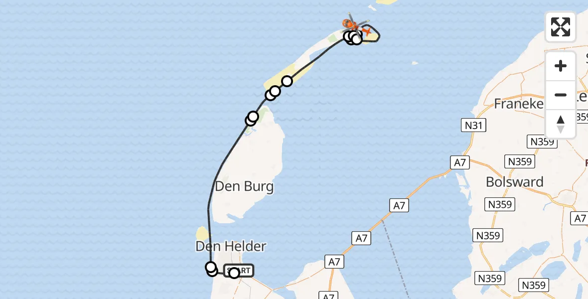 Vluchtroute Kustwachthelikopter Militair vliegveld De Kooy / Den Helder Airport - Waddenzee, 06 juli 2026, 07:45