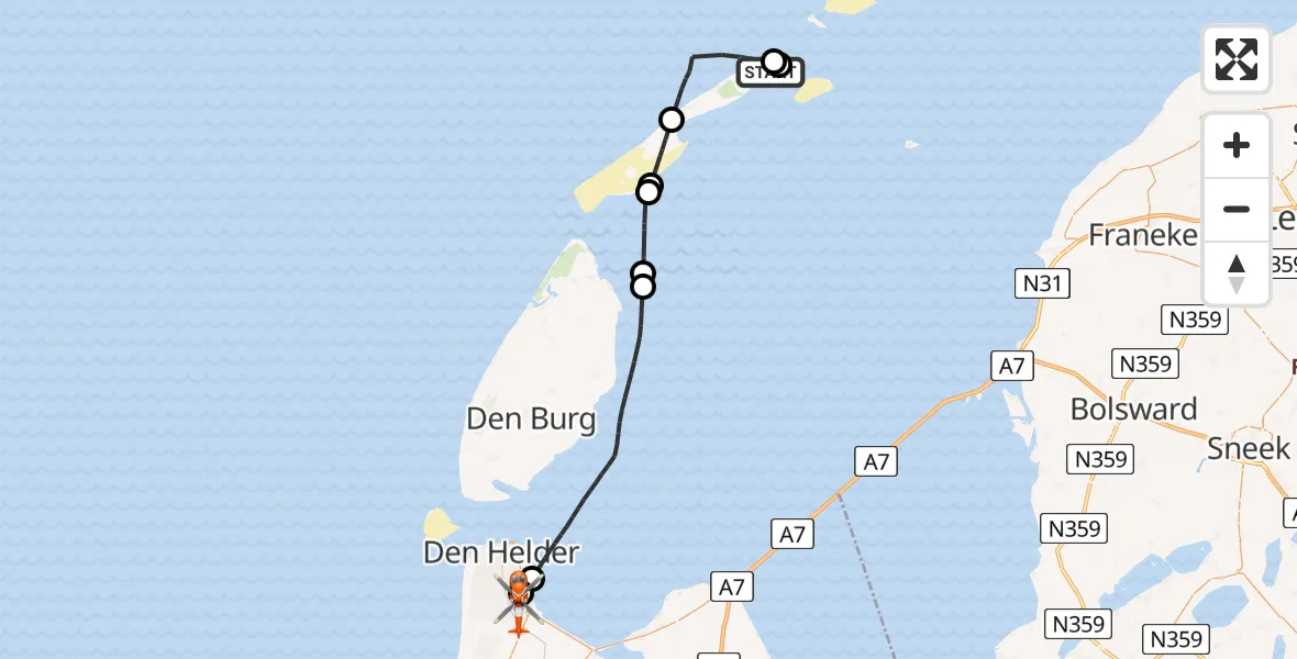 Vluchtroute Kustwachthelikopter Vlieland - Militair vliegveld De Kooy / Den Helder Airport, 06 juli 2026, 08:11