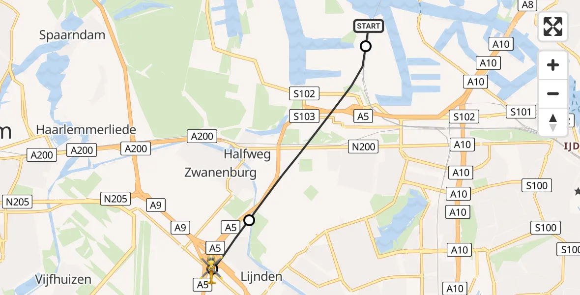 Vluchtroute Traumahelikopter Amsterdam Heliport - Amsterdam Vliegveld Schiphol, 06 juli 2026, 08:32